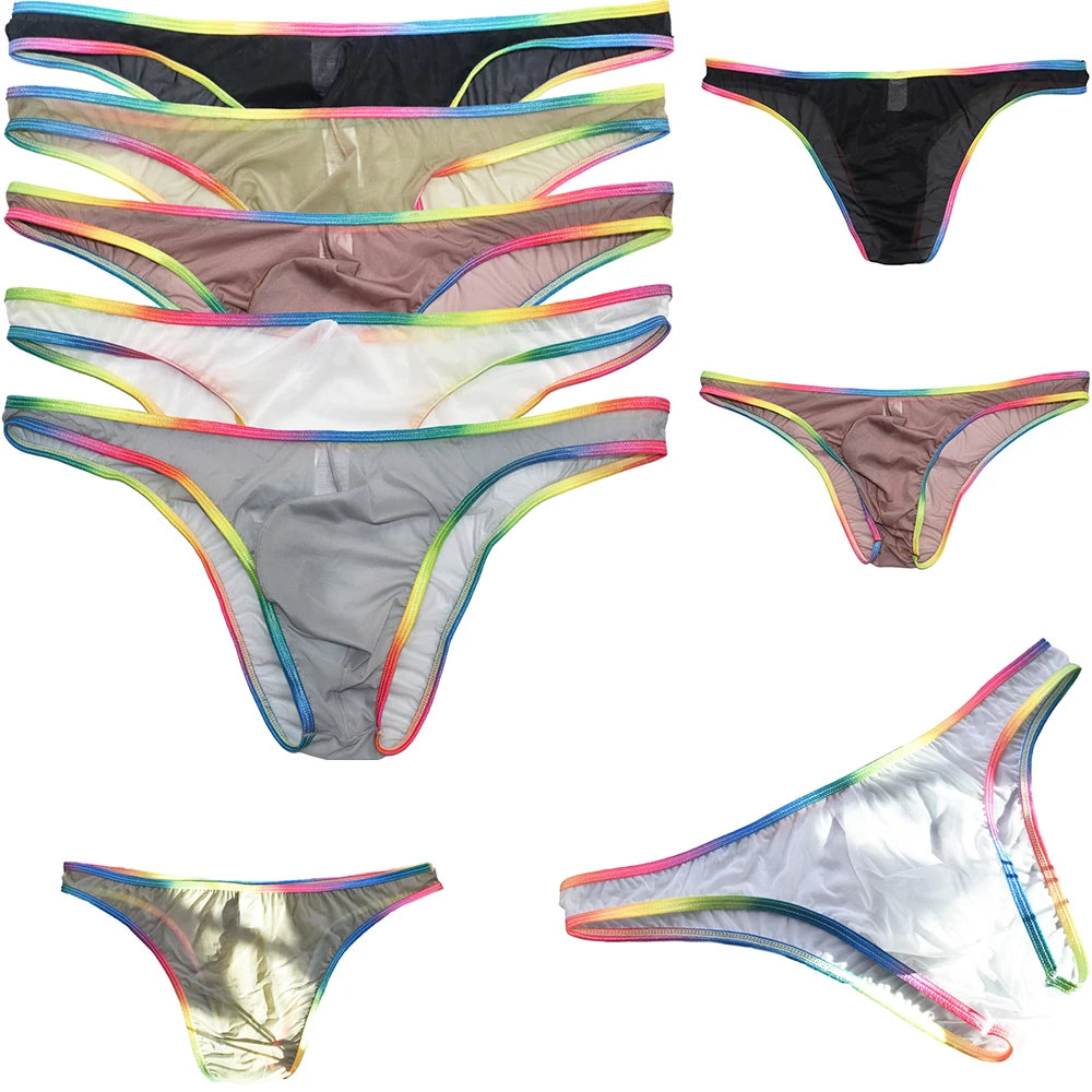 

Прозрачное дышащее мягкое удобное мужское нижнее белье из ледяного шелка с радужным краем, треугольное нижнее белье для геев, мужское сексуальное нижнее белье с низкой талией