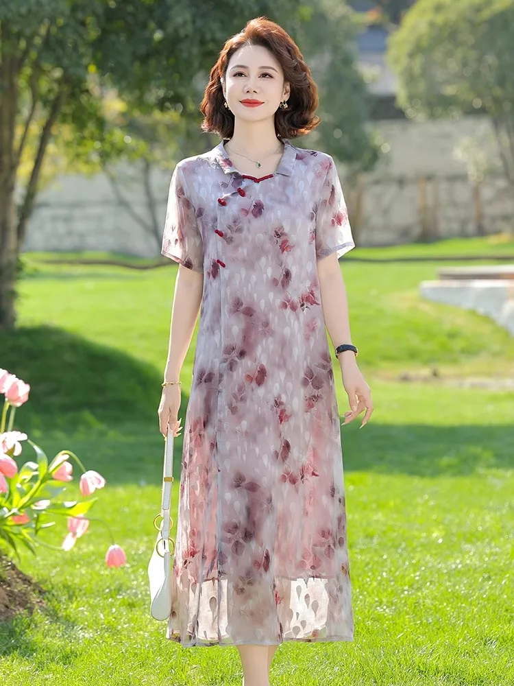 お母さん向け夏服-半袖シャントン改良チャイナドレス-中年女性服-2025年新作-中高年夏服