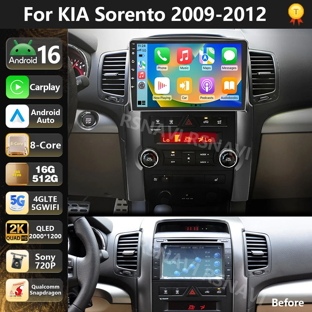 Qualcomm Android 16 For Kia Sorento 2 XM 2009-2012 Car Radio Multimedia Video Player BT CarPlay AUTO Head Unit Stereo Navigation