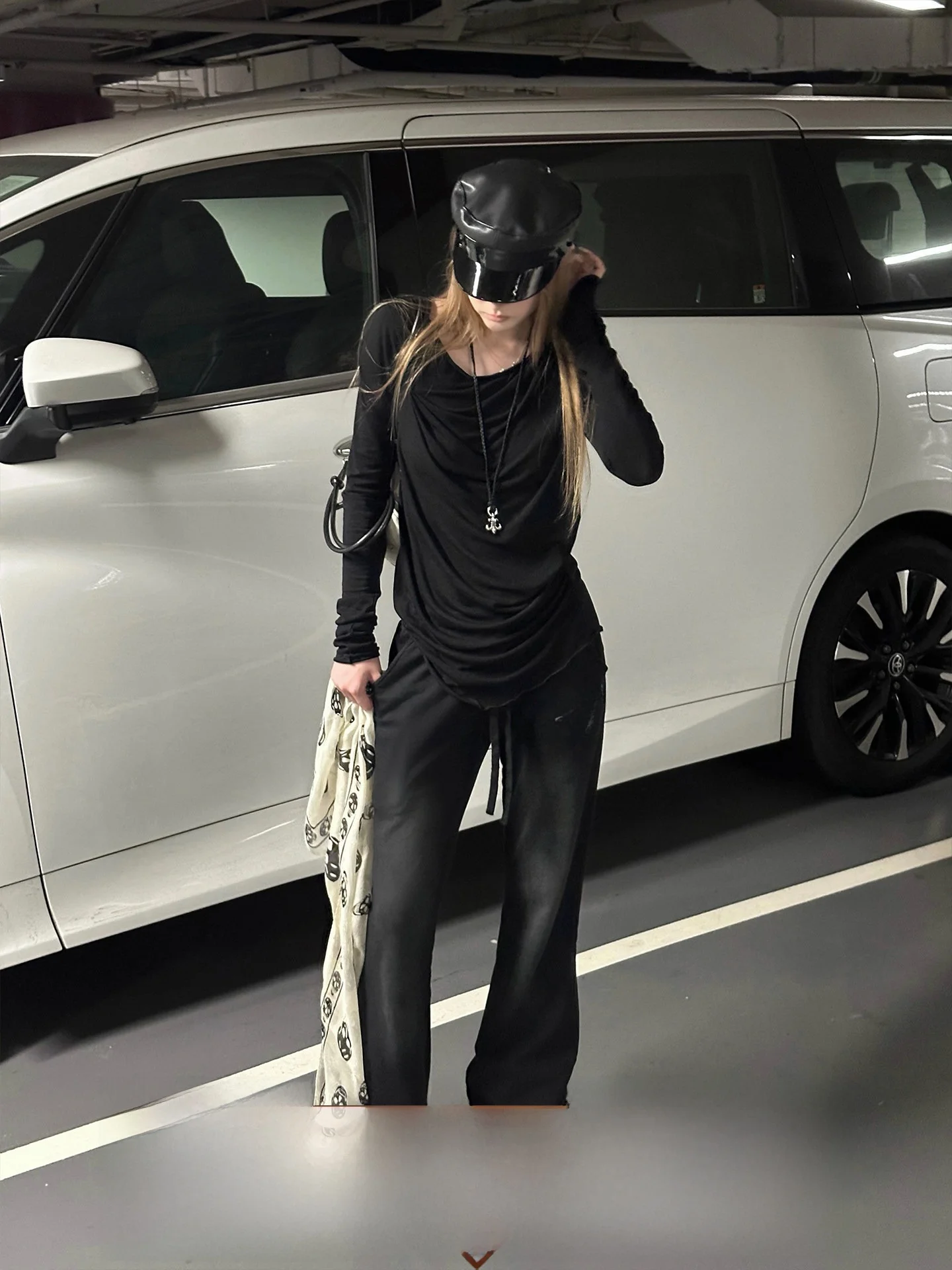 Rase Le Sol 'Breakout Mission' Casual Pants Grey Black Weathered Print Micro Flared Cotton Straight Leg Ladies Trousers