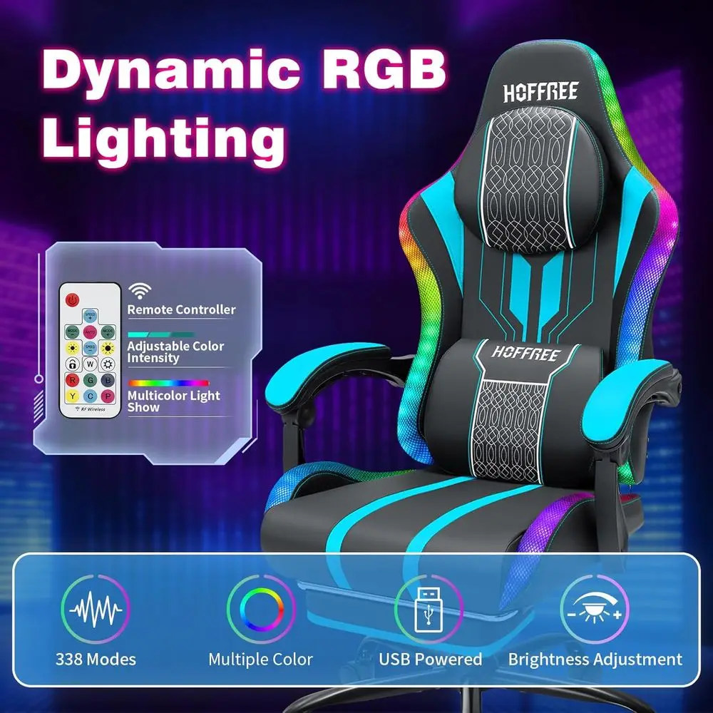 Gaming Chair with LED Lights Speakers Massage Big Tall Computer Chair-Blue | RGB Game Chair with Bluetooth;Widened Seatting;High view 5