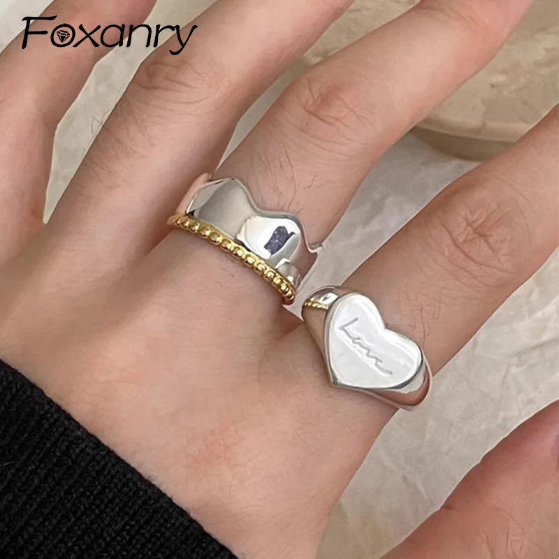 Foxanry Silver Color Love Heart Geometric Letter Rings For Women Couples Fashion Simple Classic Birthday Party Jewelry Gifts