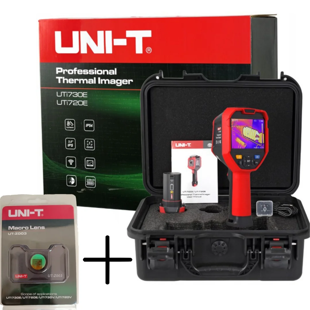 Тепловая камера UNi-T UTi720E + комбинированный макрообъектив UT‐Z003 |   Wi‐Fi ИК-изображение, 3,5′′ IPS, 5200 мАч, –20 ℃ ~550 ℃ , Многорежимный, IP54