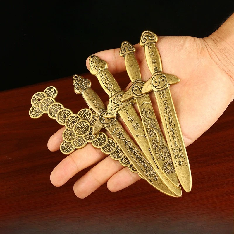 Simulation Ancient Chinese Bronze Coin Sword Replica Double Dragon Decor Home Office Lucky Display Decoration Crafts Swords