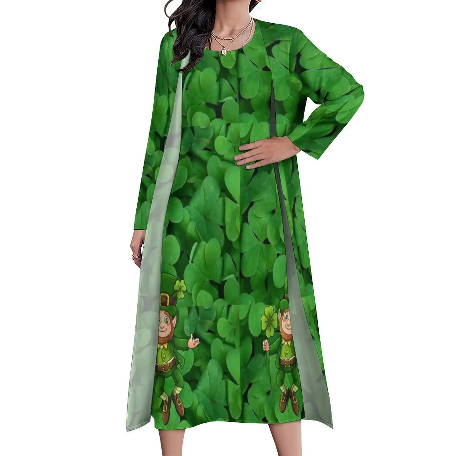 St Patrick's Day Dress Long Sleeve Saint Patrick Leprechaun Shamrock Street Style Bohemia Long Dresses Womens Elegant Maxi Dress