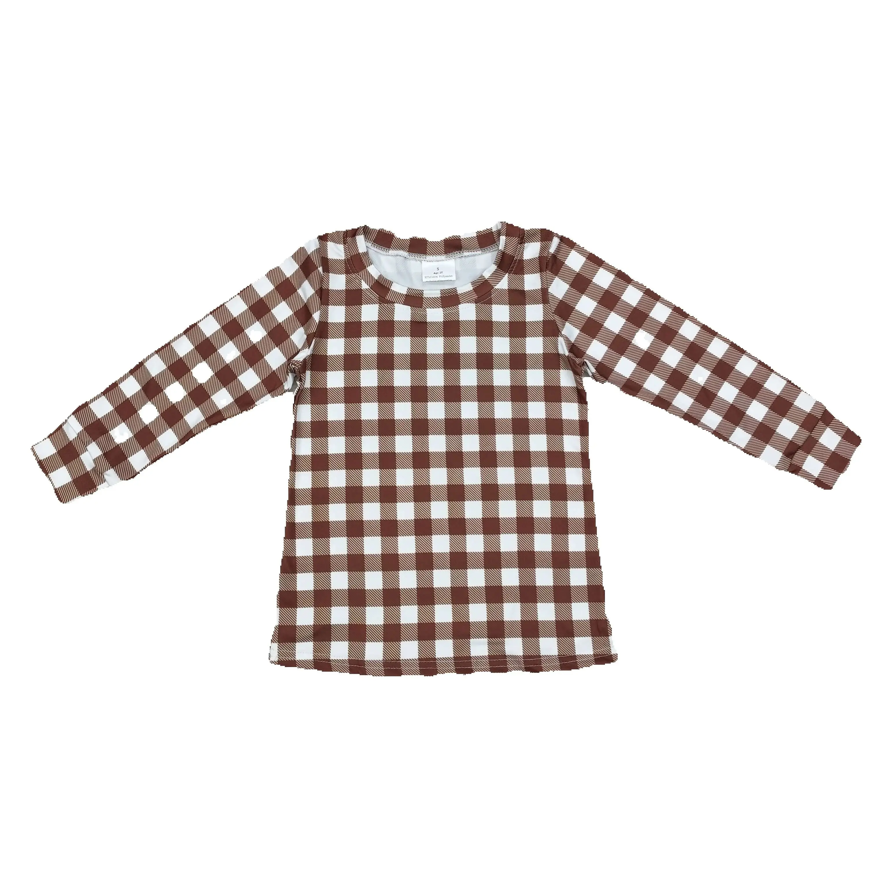 Factory Wholesale Toddler Baby Boy Pullover Tee Long Sleeves Cotton Shirt Kids Clothing Children Brown White Checked T-shirts