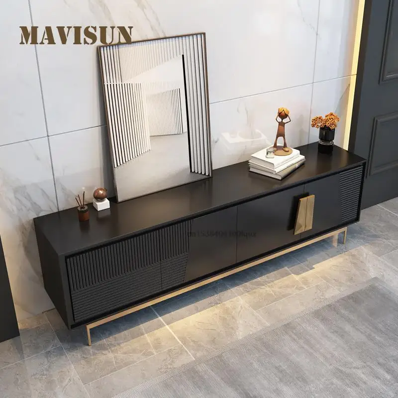 Contemporary High-End Rectangular Tv Cabinet Customized Minimalist Italian Style Wooden Tv Cabinet With Stainless Steel Frame