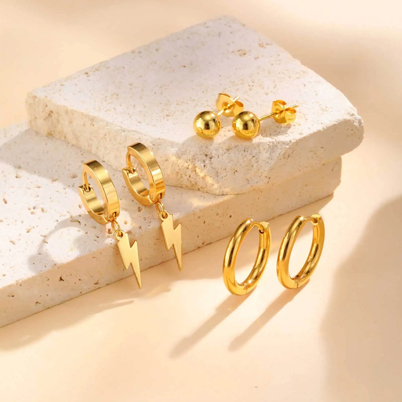 3Pair/set Men's Gold Color Earring,Anti Allergy Stainless Steel Lightning Hoop Earring,Gift for Husband Father BBF Son