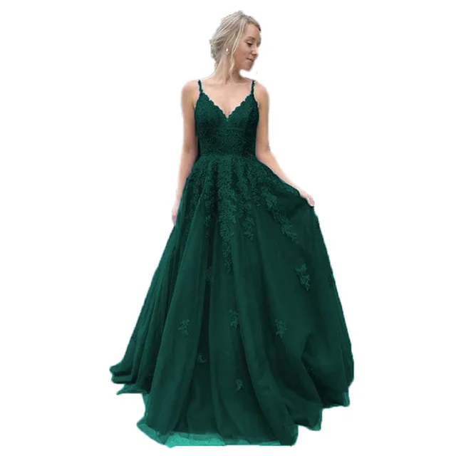 Gaun pesta malam A-Line tali Spaghetti gaun Prom Cinderella Formal Applique modis Vestidos de festa panas