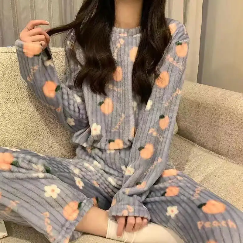 Sweet Cute Bear Bow Tie Apple Pajamas Women Casual Loose Can Be Worn Outside The Fall and Winter Thickened Warm Homewear Suit