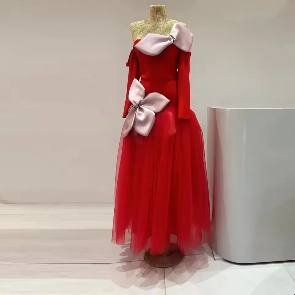 

Real Image Red Ankle Length Women Party Dresses With Pink Handmade Flower Off The Shoulder Full Sleeves Formal Dress