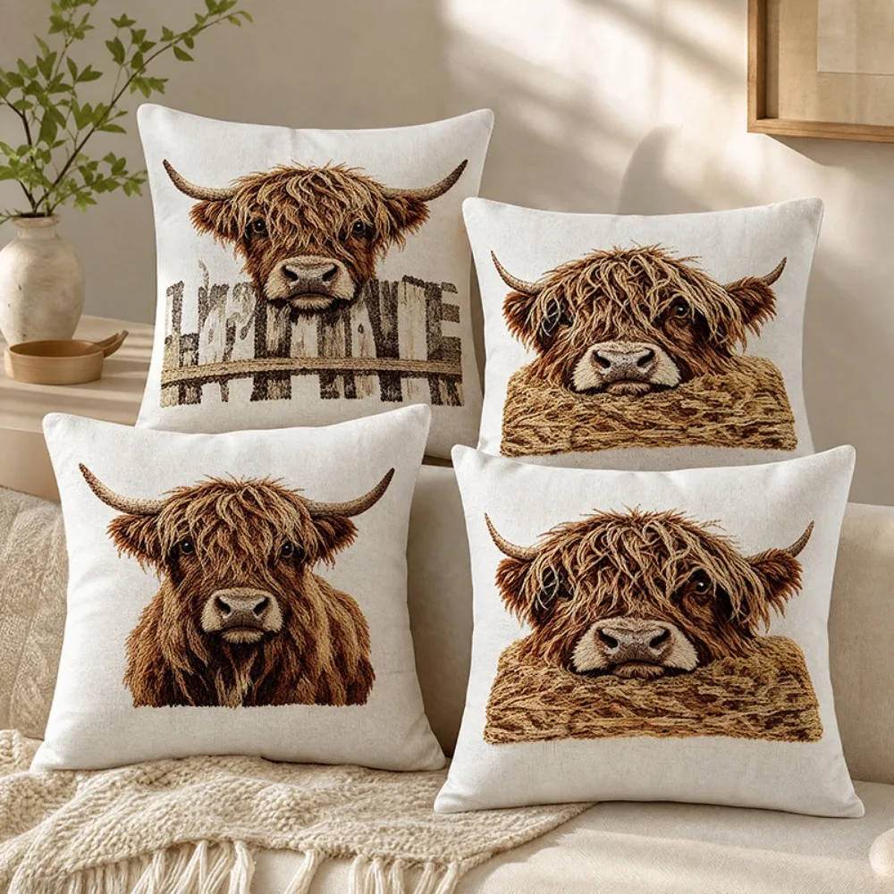 18 Inches Christmas Pillow Cover Vintage Farm Style Scottish Highland Bull Pillow Cover for Living Room Sofa Decoration