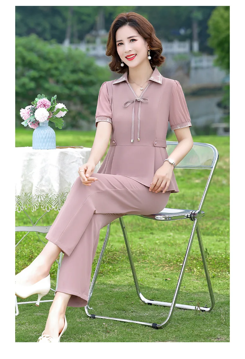 New Chinese style mom set for summer short shirt embroidered button top+pants two-piece set