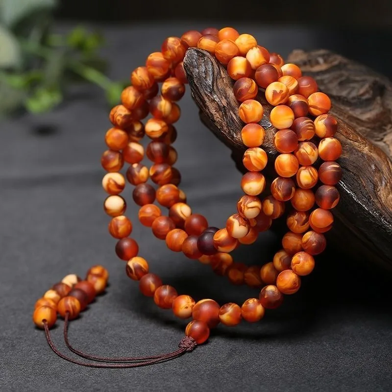 Tiger stripe pattern 108 old amber beads bracelet, multi-strand 8mm