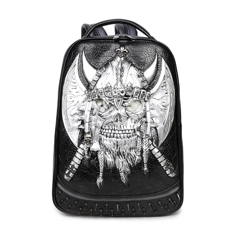 3D Pirate Captain Skull lifelike Embossing Rivet Black Satchel Backpack Punk Halloween Cool Leather laptop Travel Soft Bags