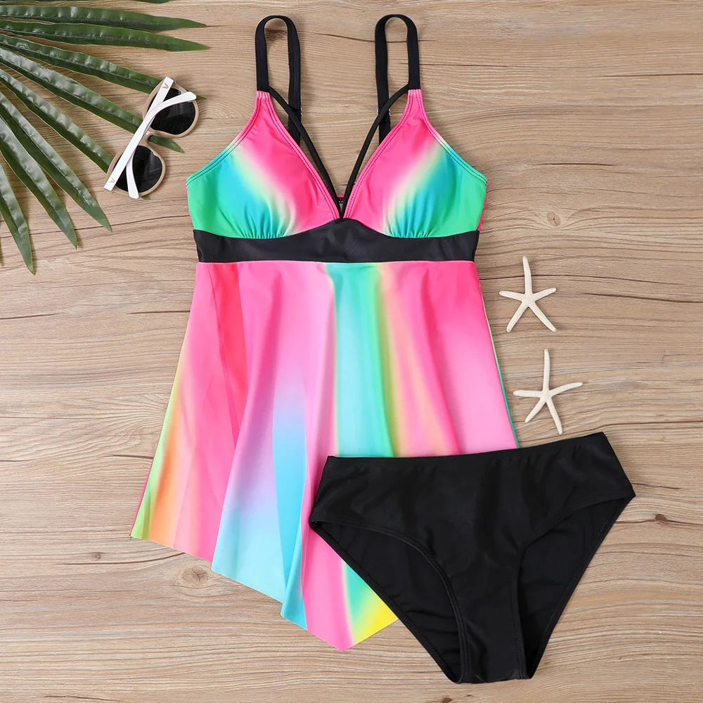 Women Striped Dot Tankini Swimsuit V Neck Double Spaghetti Straps Flowy Asymmetrical Hem Top Boyshort 2 Piece Beach Bathing Suit