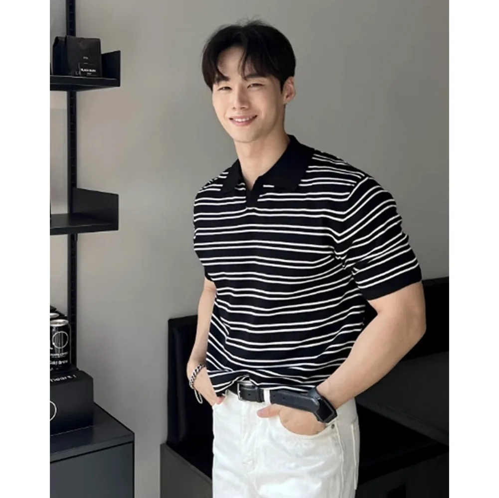 

New Summer Men's Polo Shirt Solid Color Stripe Sports Casual Elastic Short Sleeve Knitted Shirt Fashion V-neck Men's Shirt