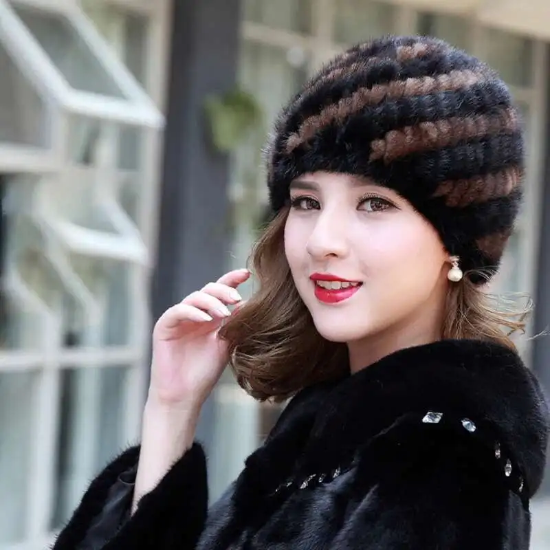 Mink Fur Hats For Women Fashion Ear Protection caps Warm handmade Knitted Hat Fluffy Fur Caps Ladies Black Fur Caps Winter Cap
