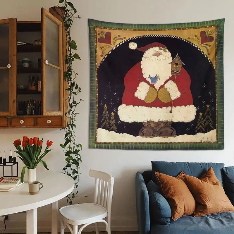 VIKAMA Vintage Santa Flying Moon Wall Tapestry Green Border Navy Background Star Folk Art Primitive Christmas Holiday Decor Soft