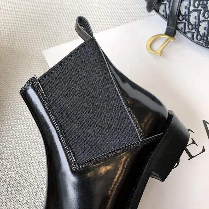 2024 Fashionable patent leather pointed Chelsea boots flat bottomed short boots English style bare boots, boots for women