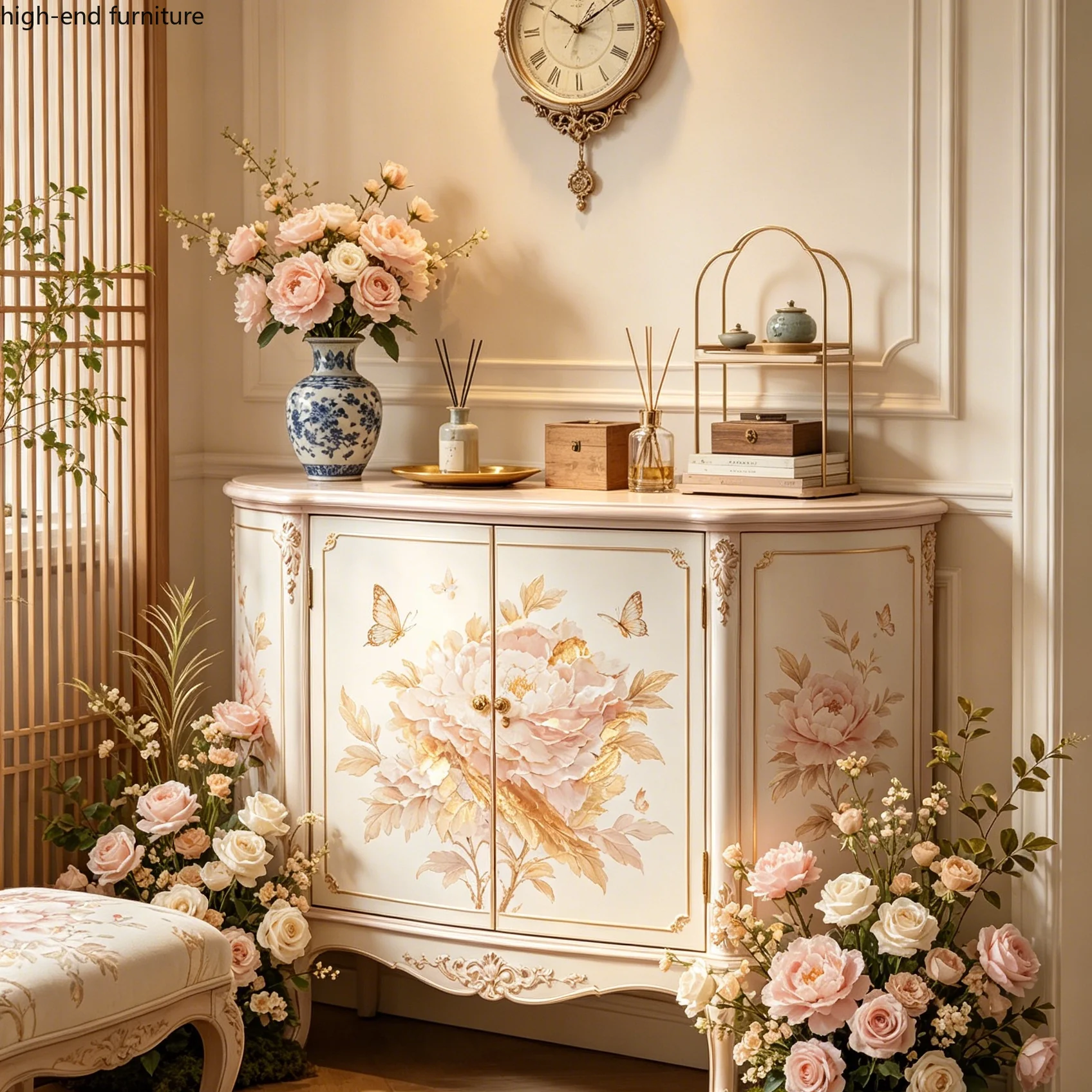Vintage dining side cabinet Solid wood flower painted locker Living room decorative cabinet