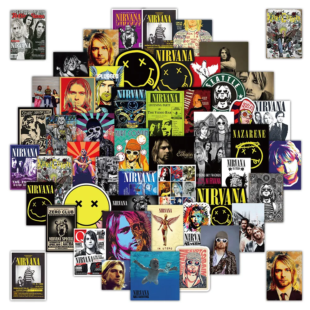 52Pcs Nirvana Rock Band Waterproof Stickers, Vintage Music Graphic Decals for Skateboard, Travel Luggage AnimeWorlds Store