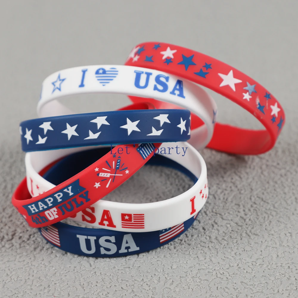 6Pcs Independence Day Theme Bracelet I Love USA Silicone Wristbands for Birthday 4th of July American National Day Party Favors