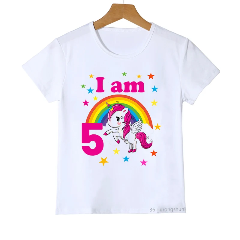 1-8th Rainbow Unicorn Birthday Number Print Girls T-Shirt Cute Kids Tshirt For Kids Birthday Party Clothing Baby T Shirt Tops