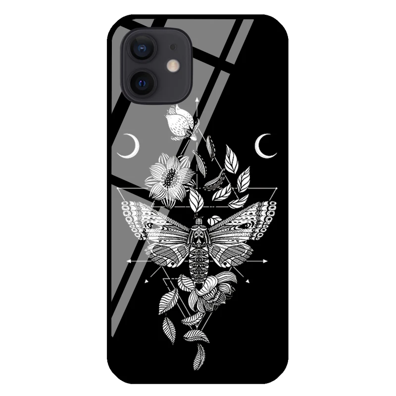 Death Moth Goth Girl Gothic Witch Occult Tempered Glass Case For iPhone 14 11 Pro Max XS 12 13 mini SE 7 8 Plus X XR Shell Cover