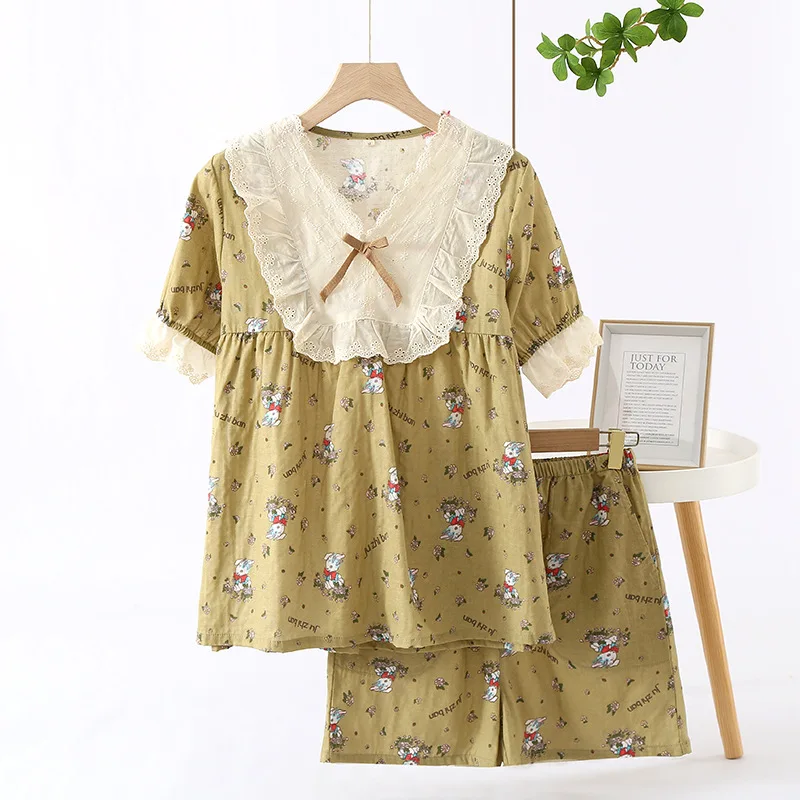 2024 New Women's Pajamas Short Sleeve Shorts Two Piece Set 100% Cotton Crepe Cute Set Vintage Flower Ladies Home Fury Pajama