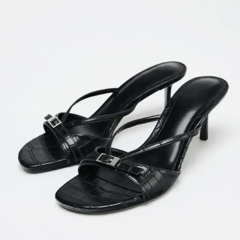 새로운 블랙 질감 버클 힐 샌들 여성 얇은 하이힐 슬라이드 샌들 뮬 여름 오픈 발가락 힐 Office Lady Sandal