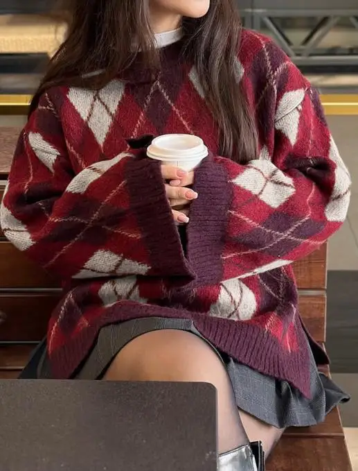 

Классический жаккардовый вязаный свитер в стиле ретро с ромбовидным узором на осень и зиму, элегантный и повседневный свитер для женщин
