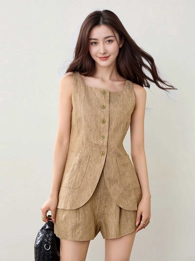 2025 Summer New Commuter Set Women Dry And Breathable Linen Sleeveless Square Neck Vest Shorts Two Piece Suit For Women W200