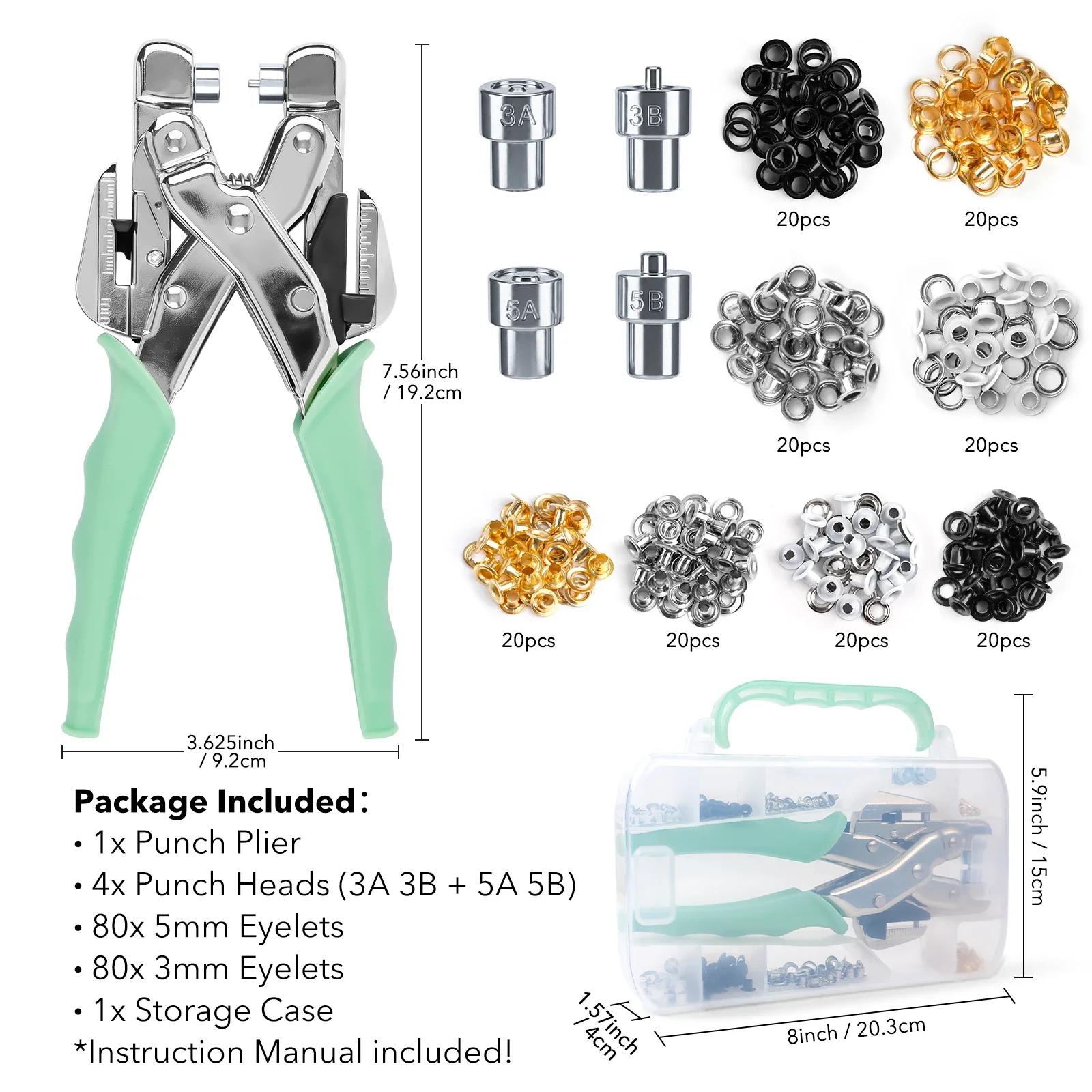 Multi-function Hole Punch & Eyelet Setter Pliers Set, Interchangeable Punch Heads for Thin Leather Fabric Cardstock DIY Projects