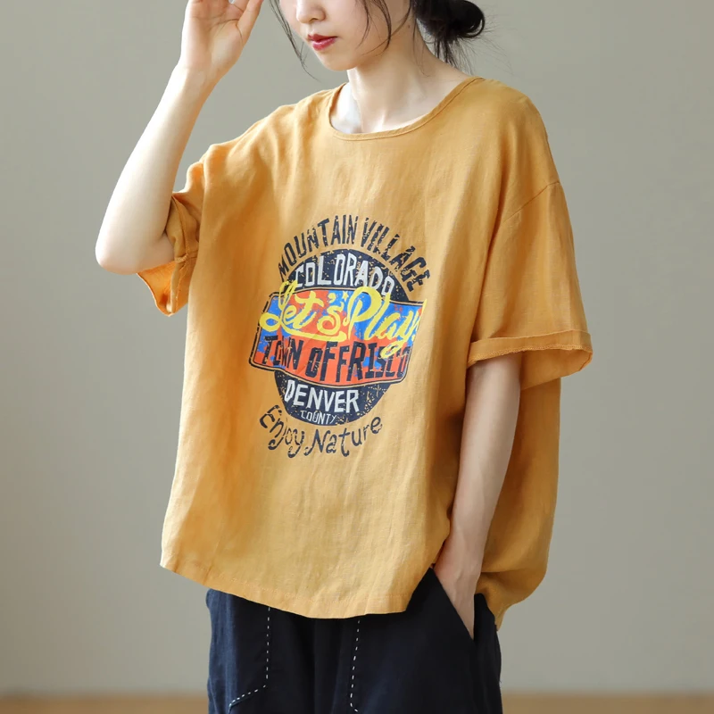 

Винтажная хлопково-льняная футболка большого размера, женская круглая футболка больших размеров Ne ort Sve, асимметричный повседневный топ с буквенным принтом