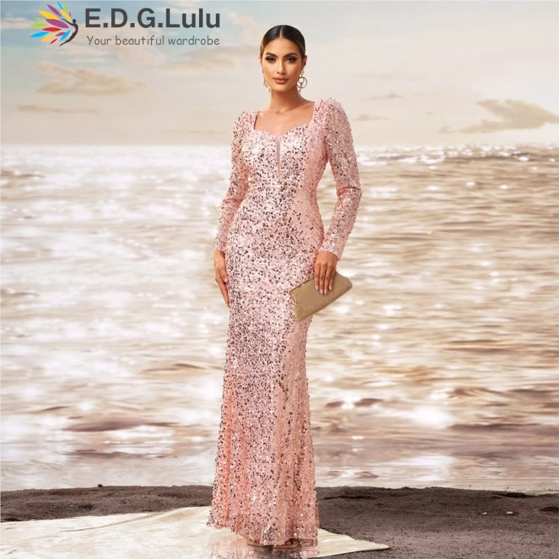 EDGLuLu  Square Collar Long Sleeved Golden Sequined Evening Dress Elegant Backless Bodycon Long Fishtail Party Gown 1223