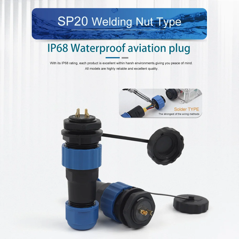 1 Set SP20 IP68 Waterproof Connector Back Nut Type Aviation Connectors Outdoor Panel Mounted Male Plug & Female Socket Welding