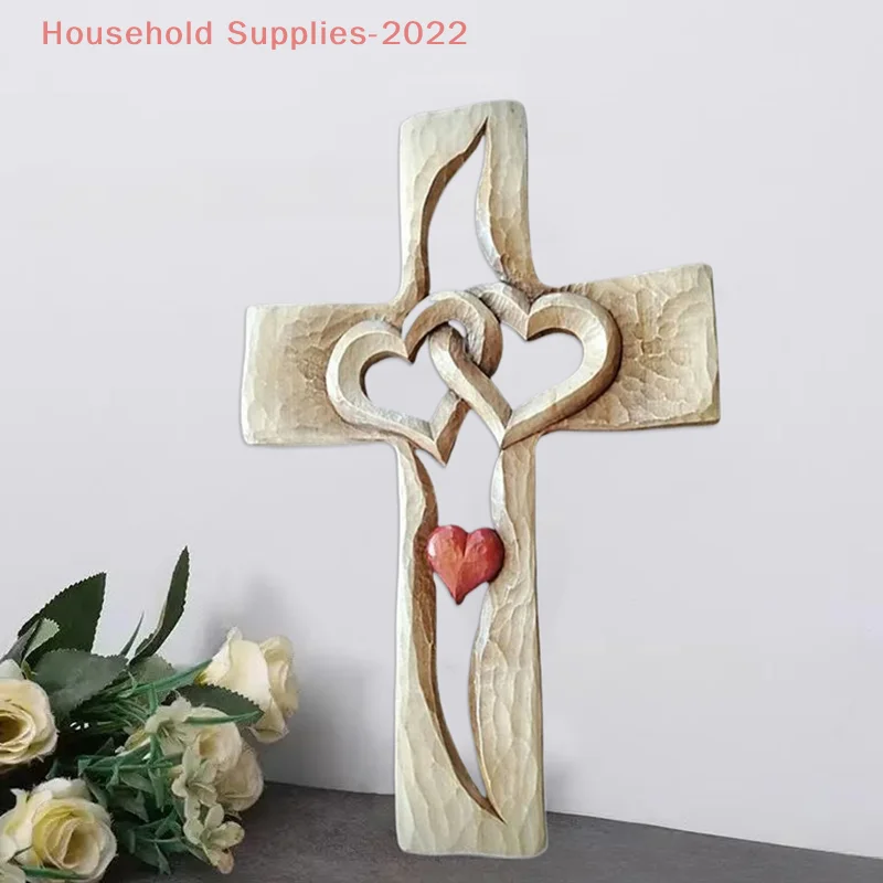 Carved Wooden Cross-Intertwined Hearts,Wall Hanging Hand Antique Design,Two Hearts Joined, Home Living Room Decor,Wall Art Gift