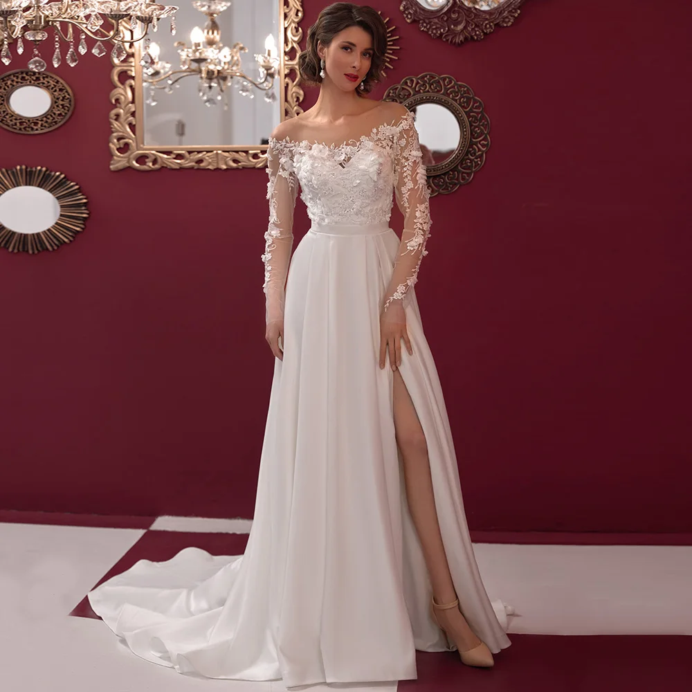 

Modern Appliques Long Sleeves Wedding Dress Customized Vestido De Novia Sheer O-Neck Jersey Side Slit Bridal Gowns for Brides