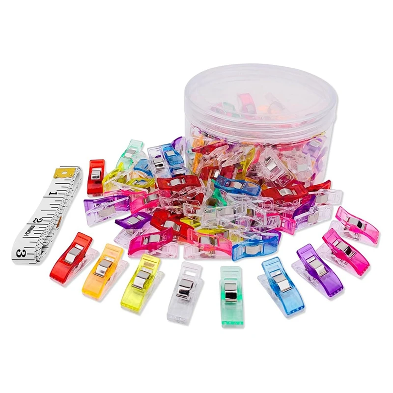 Premium Plastic Clips 100 Pack Sewing Clips For Quilting And Crafts With Tin Box, Assorted Colors, 1 Sewing Tape Measure