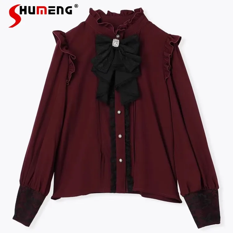 

Japanese Mine Style Sweet Cute Stand Collar Bow Ruffles Long Sleeves Single-breasted Loose All-matched Lolita Shirt Tops Women