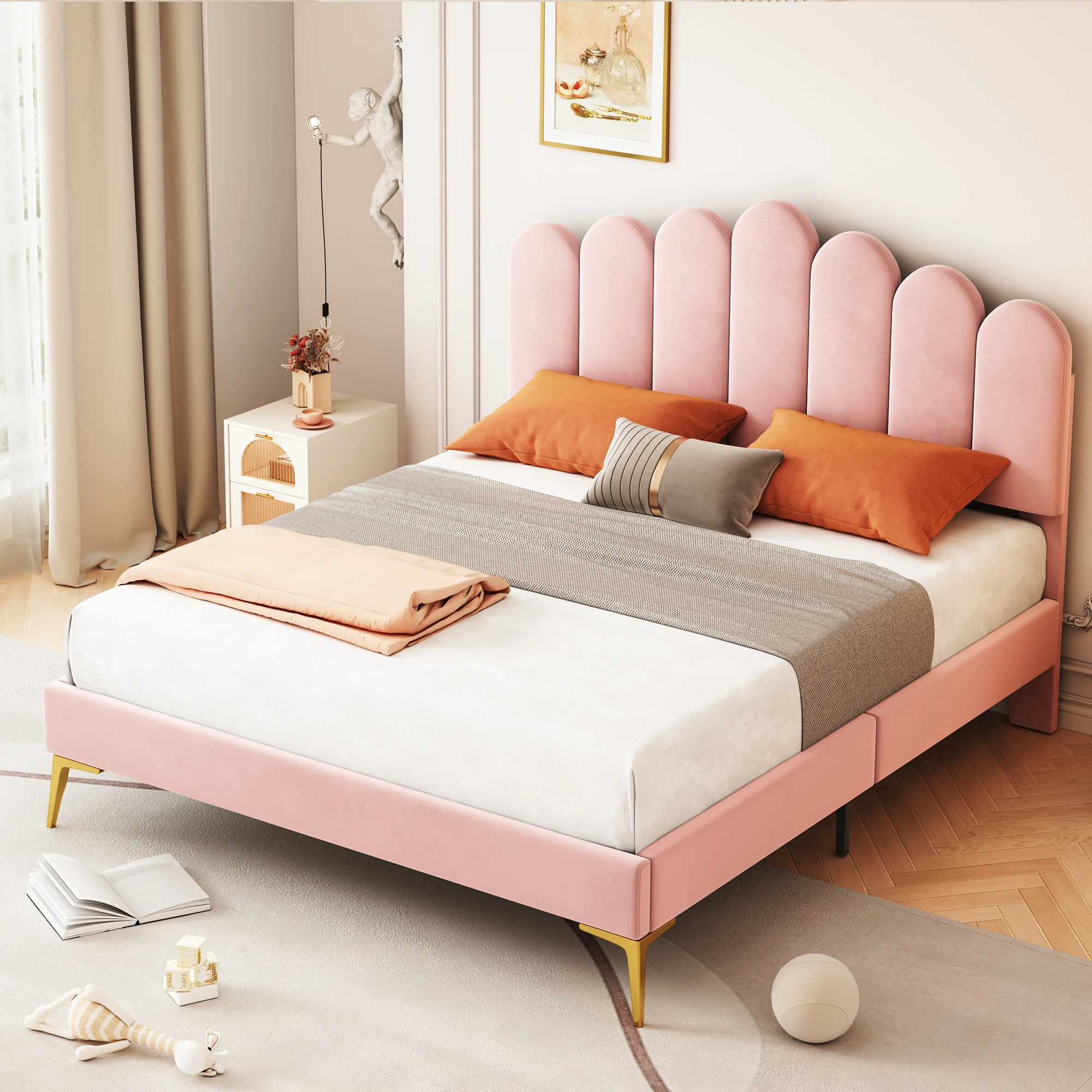 Upholstered bed double bed 140 x 200 cm bed frame with headboard and slatted frame, adult/youth bed/guest bed in skin-friendly