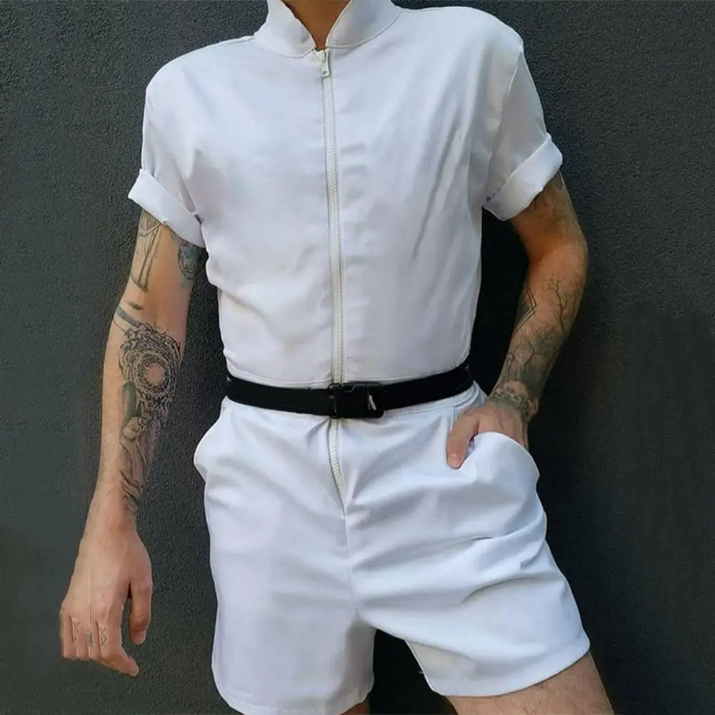 Zipper V Neck Men Overall Shorts Short Sleeve Romper Men Jumpsuit Summer Turndown Collar T-shirts High Waist Romper Pants