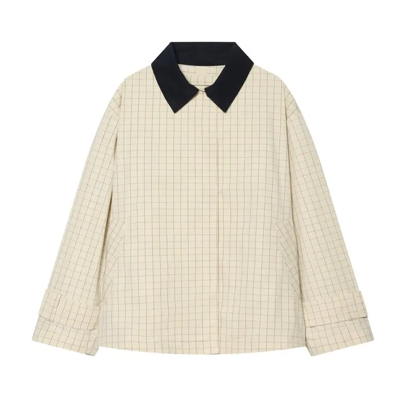 Summer 2026 Women's Plaid Long Sleeve Collar Jacket Color Block Outerwear Fashion Trend Loose Fit Button Closure Coat