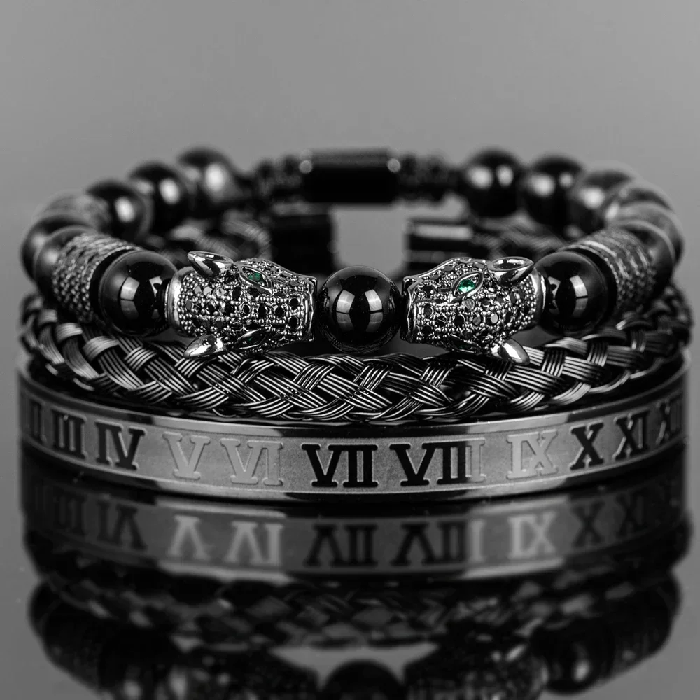 

Mens Premium Black Agate Beaded Bracelet Set - Double Leopard Head, Roman Numerals, Adjustable Braided Design Bracelets