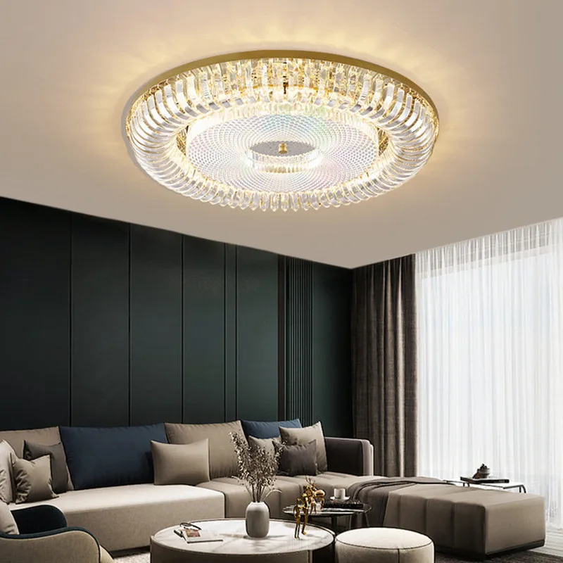 Post-modern light luxury living room crystal lamp, simple atmosphere, round ultra-thin and ultra-bright crystal ceiling lamp