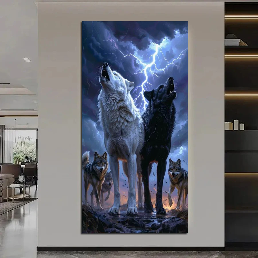 

Lightning Black and White Wolf Large Size Diy Diamond Arts Painting Kits Animals Full Drill Mosaic Embroidery Picture Wall Decor