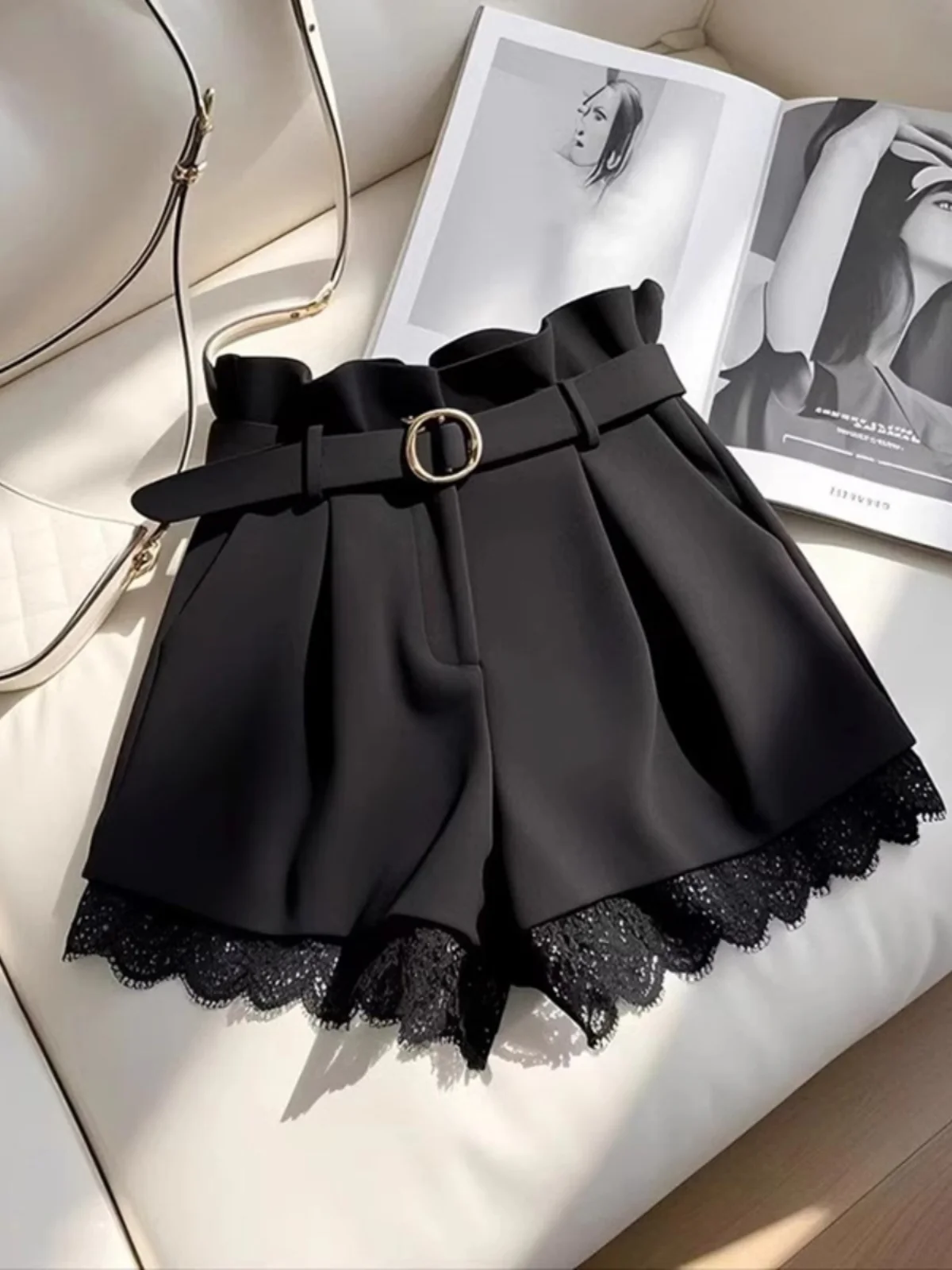 黒ハイウエストレースパッチワークスーツショーツ女性の春小さいサイズフィギュアショー痩身ホットガールカジュアルパンツワイドレッグ