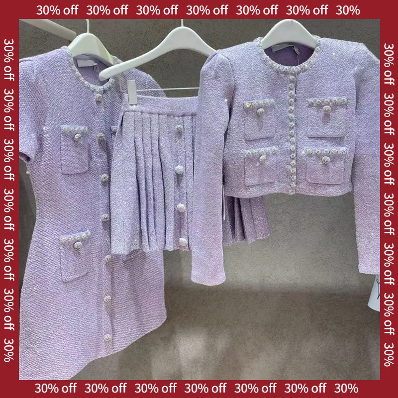 

Early Autumn Bright Sequin Purple Knitted Dress Set for Rich Girls High Waist Short Sleeve round Neck Elegant Style Fashion Set