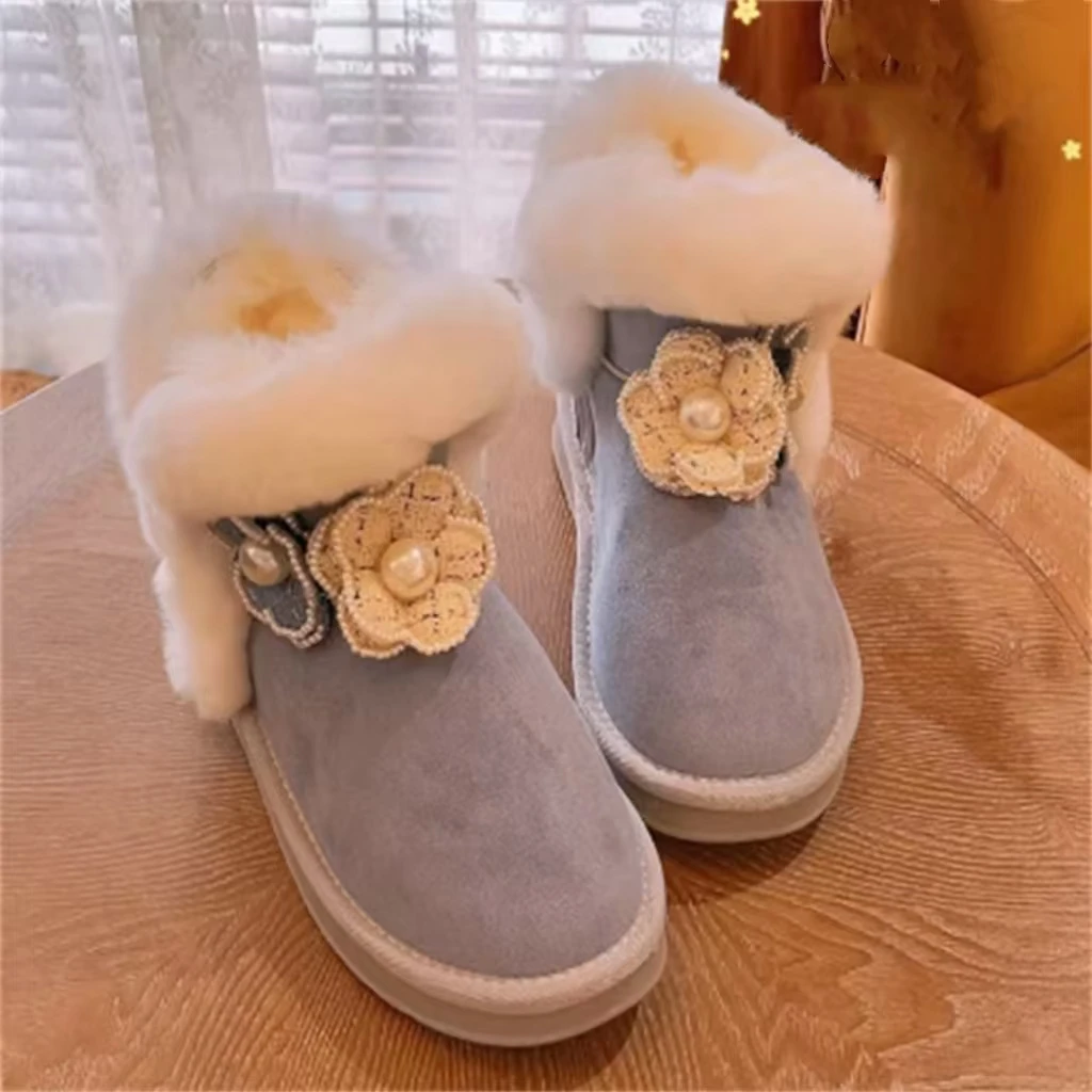 Round head beaded rhindiamonds three-dimensional flower cotton shoes handmade custom fur integrated women's snow boots 35-40